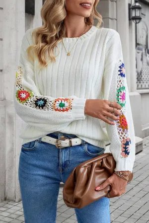 Bright White Floral Crochet Sleeve Ribbed Knit Sweater