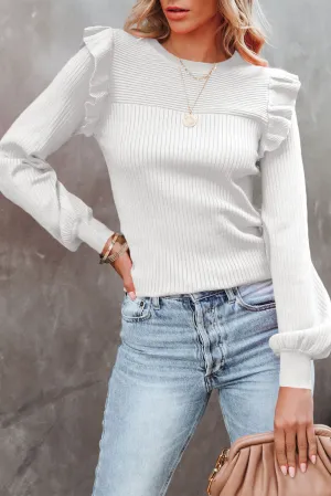 Bright White Ribbed Ruffle Details Bishop Sleeve Sweater
