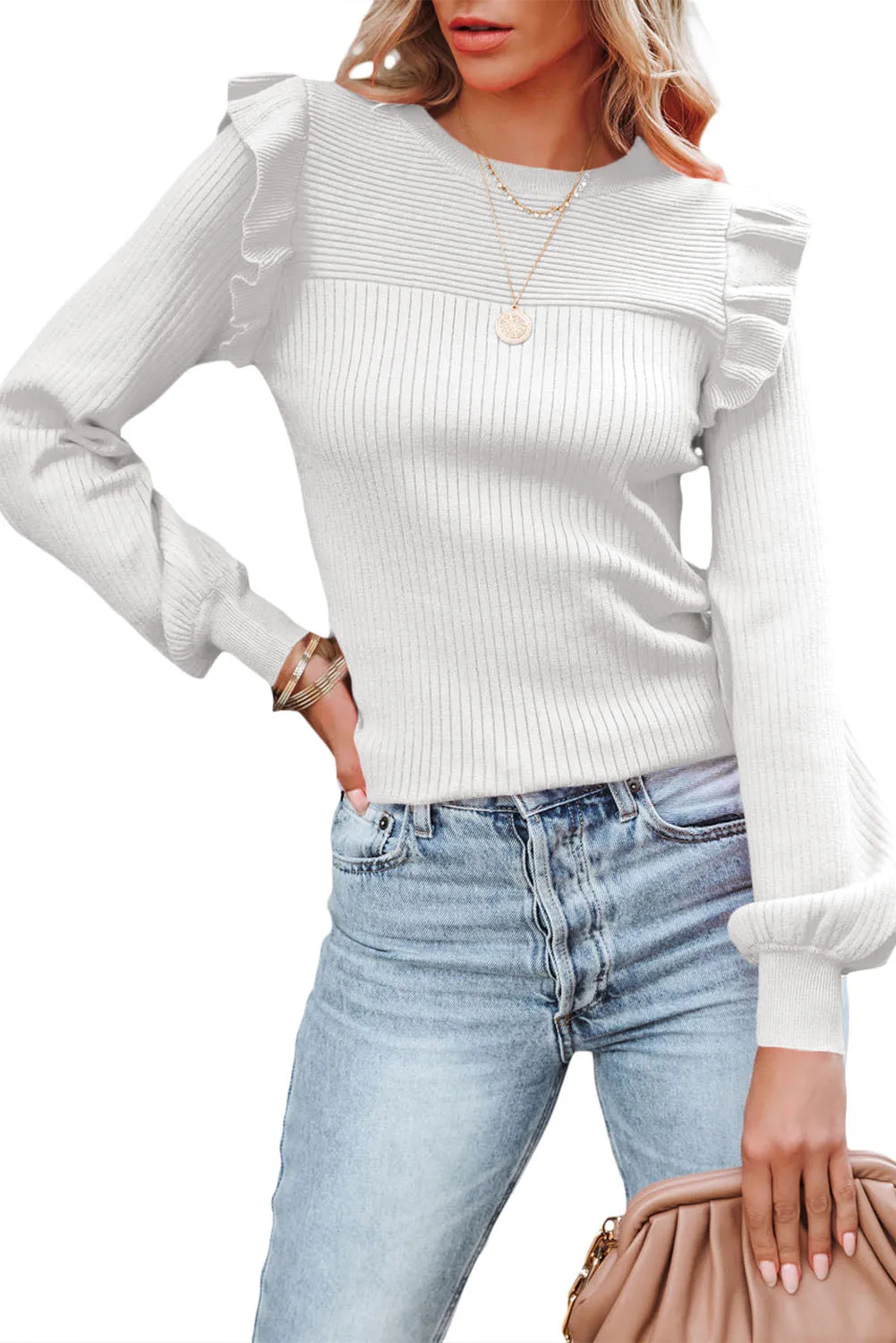 Bright White Ribbed Ruffle Details Bishop Sleeve Sweater