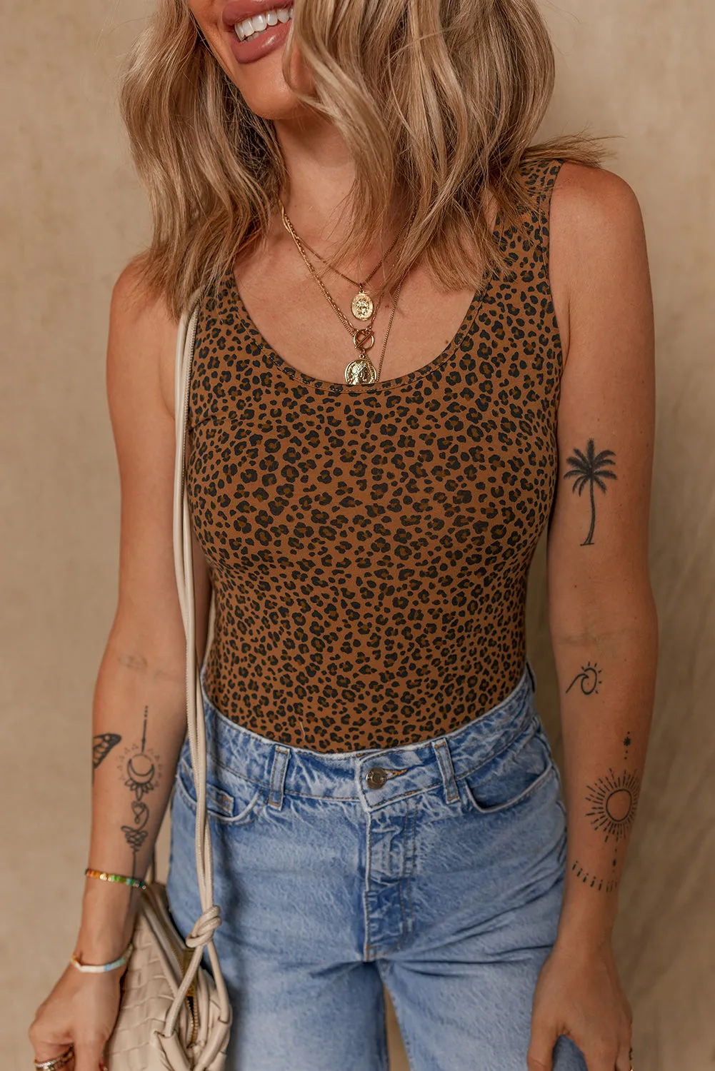 Brown Leopard Printed Sleeveless Scoop Neck Bodysuit