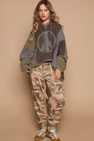 Charcoal Floral Peace Patch Ribbed Hoodie