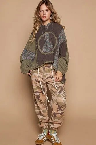 Charcoal Floral Peace Patch Ribbed Hoodie
