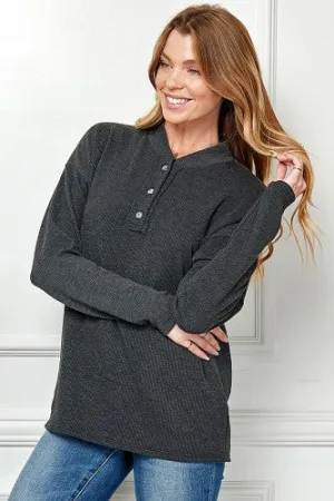 Charcoal Two Tone Ribbed Pullover with Buttons