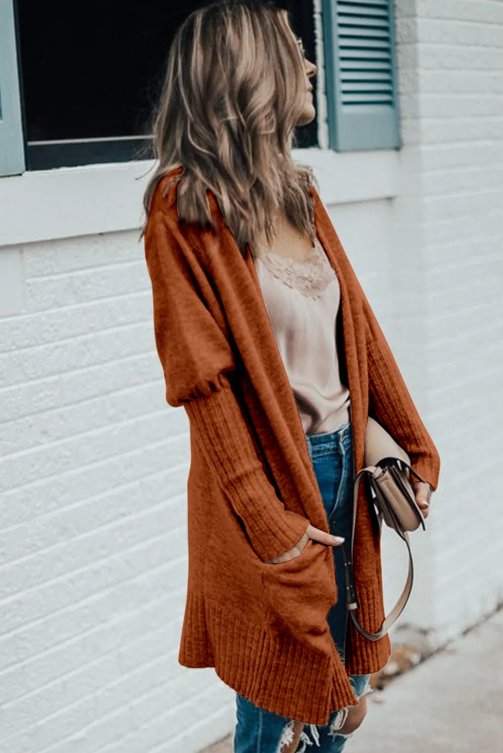 Chestnut Ribbed Trim Puff Sleeve Sweater Cardigan