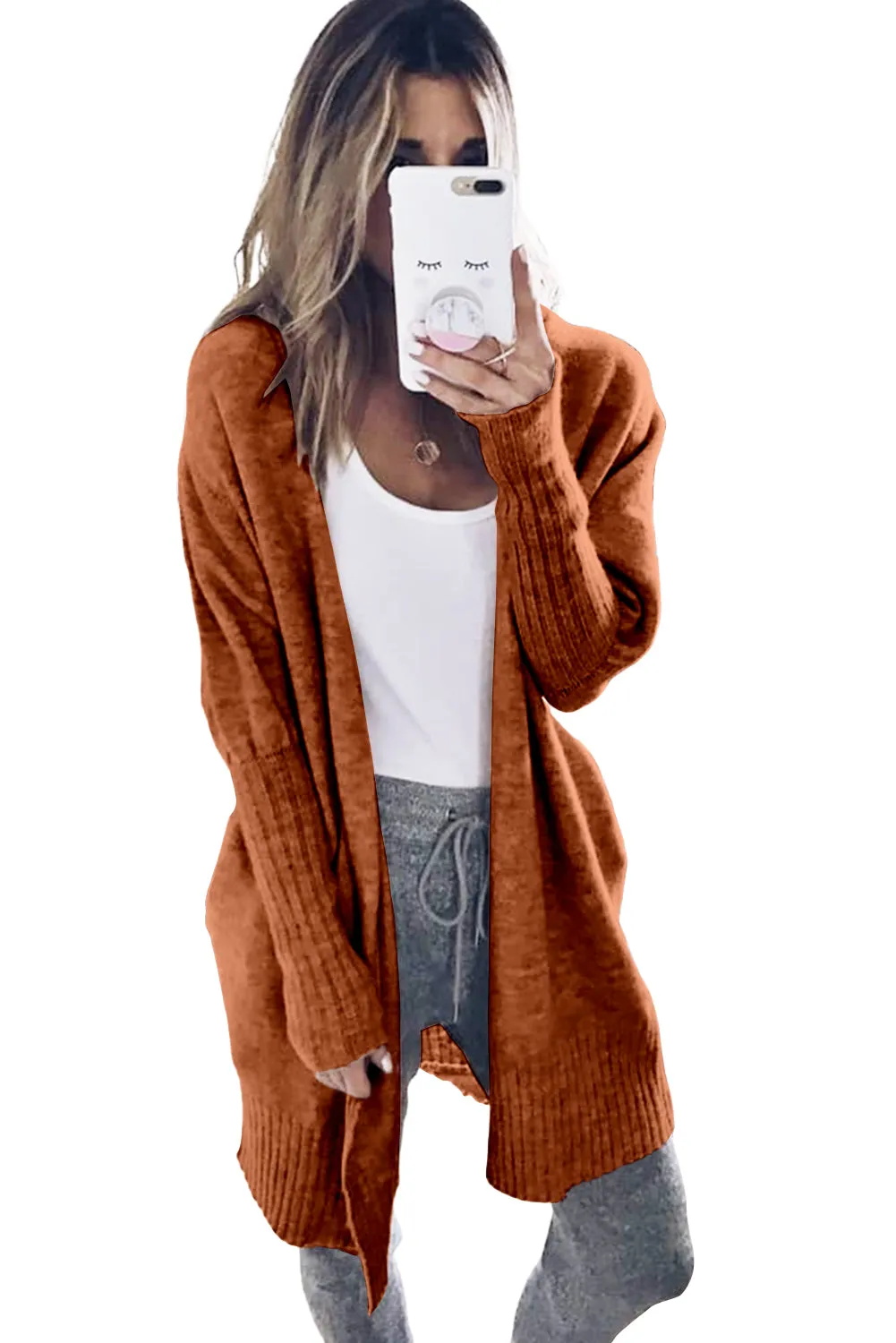 Chestnut Ribbed Trim Puff Sleeve Sweater Cardigan