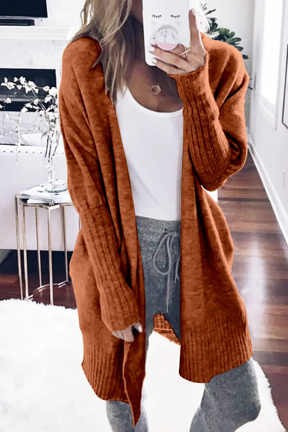 Chestnut Ribbed Trim Puff Sleeve Sweater Cardigan