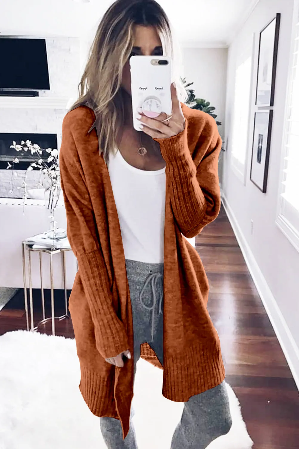 Chestnut Ribbed Trim Puff Sleeve Sweater Cardigan