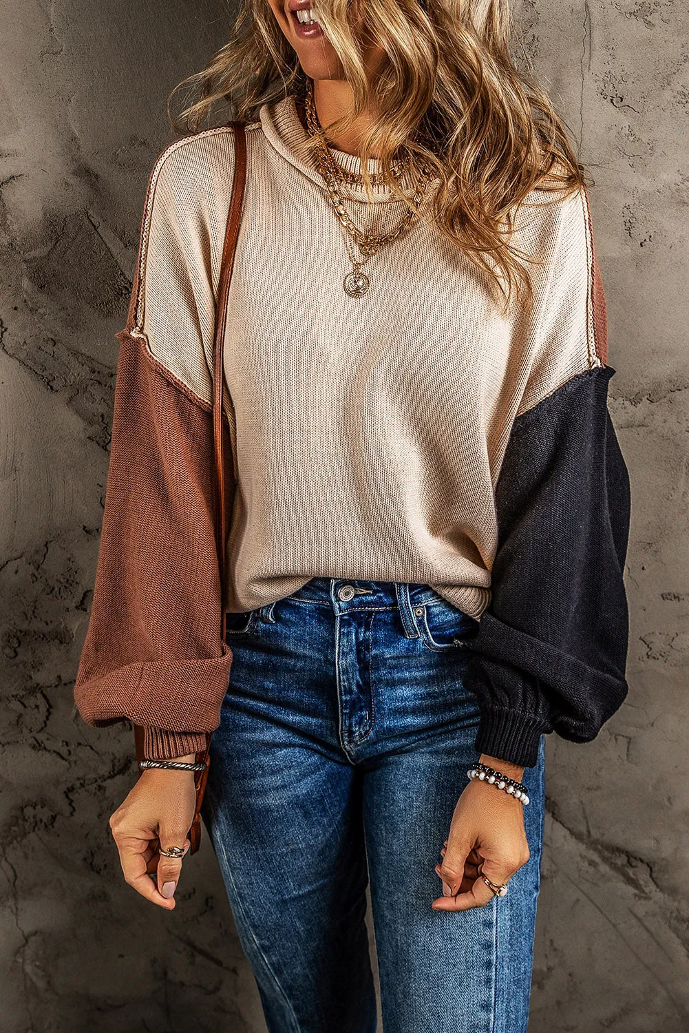 Coffee Colorblock Bishop Sleeve Ribbed Trim Sweater