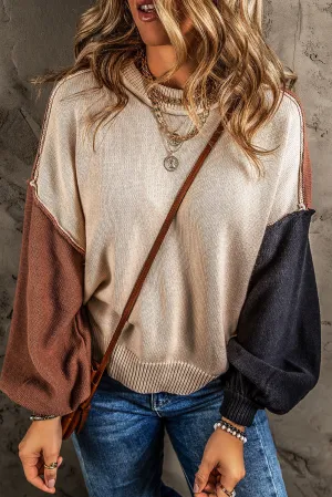 Coffee Colorblock Bishop Sleeve Ribbed Trim Sweater