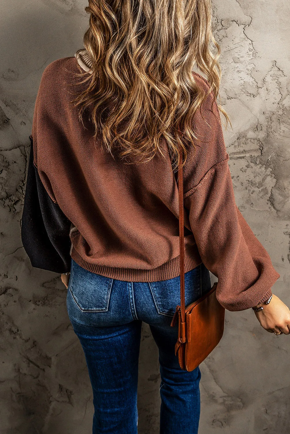 Coffee Colorblock Bishop Sleeve Ribbed Trim Sweater