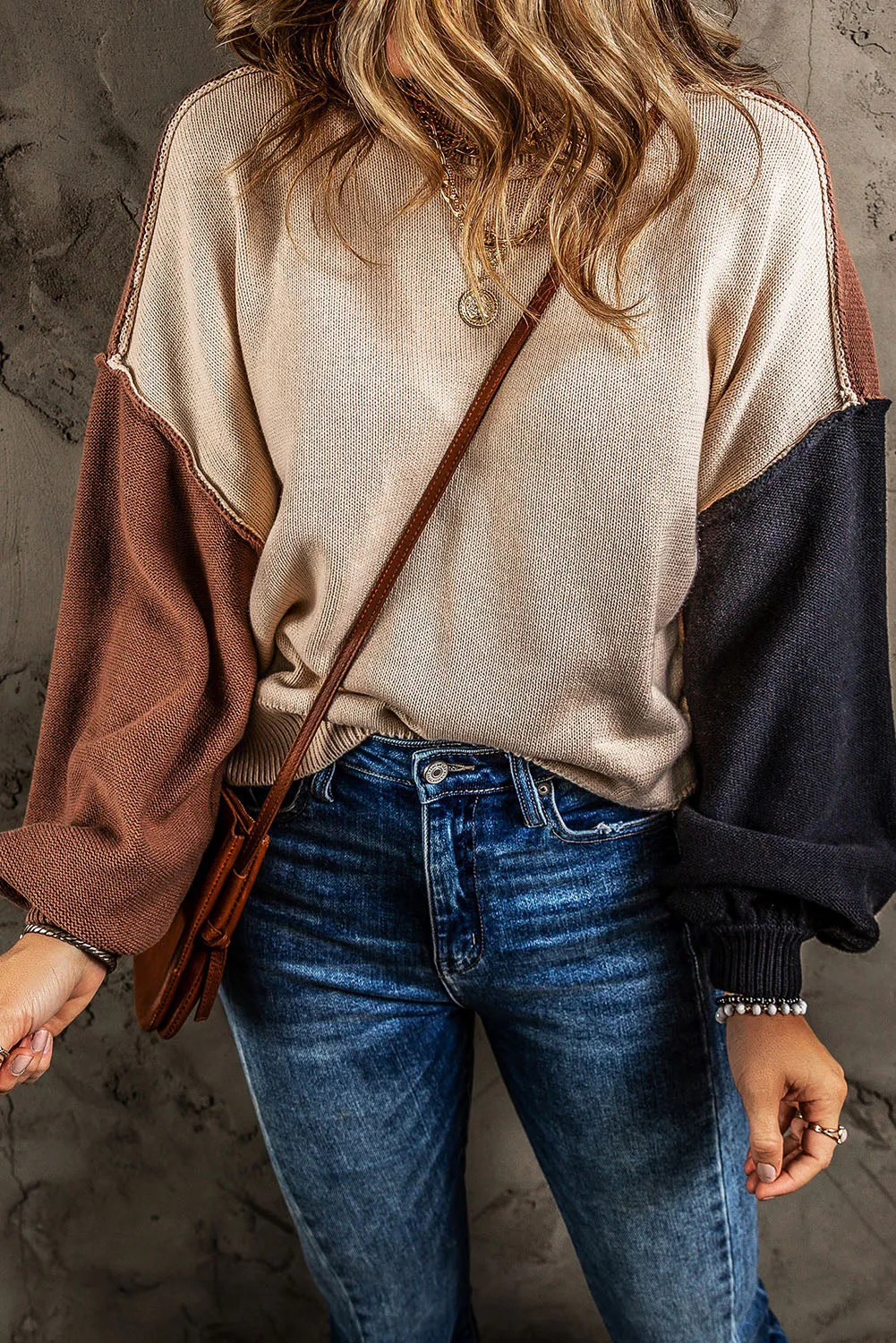 Coffee Colorblock Bishop Sleeve Ribbed Trim Sweater