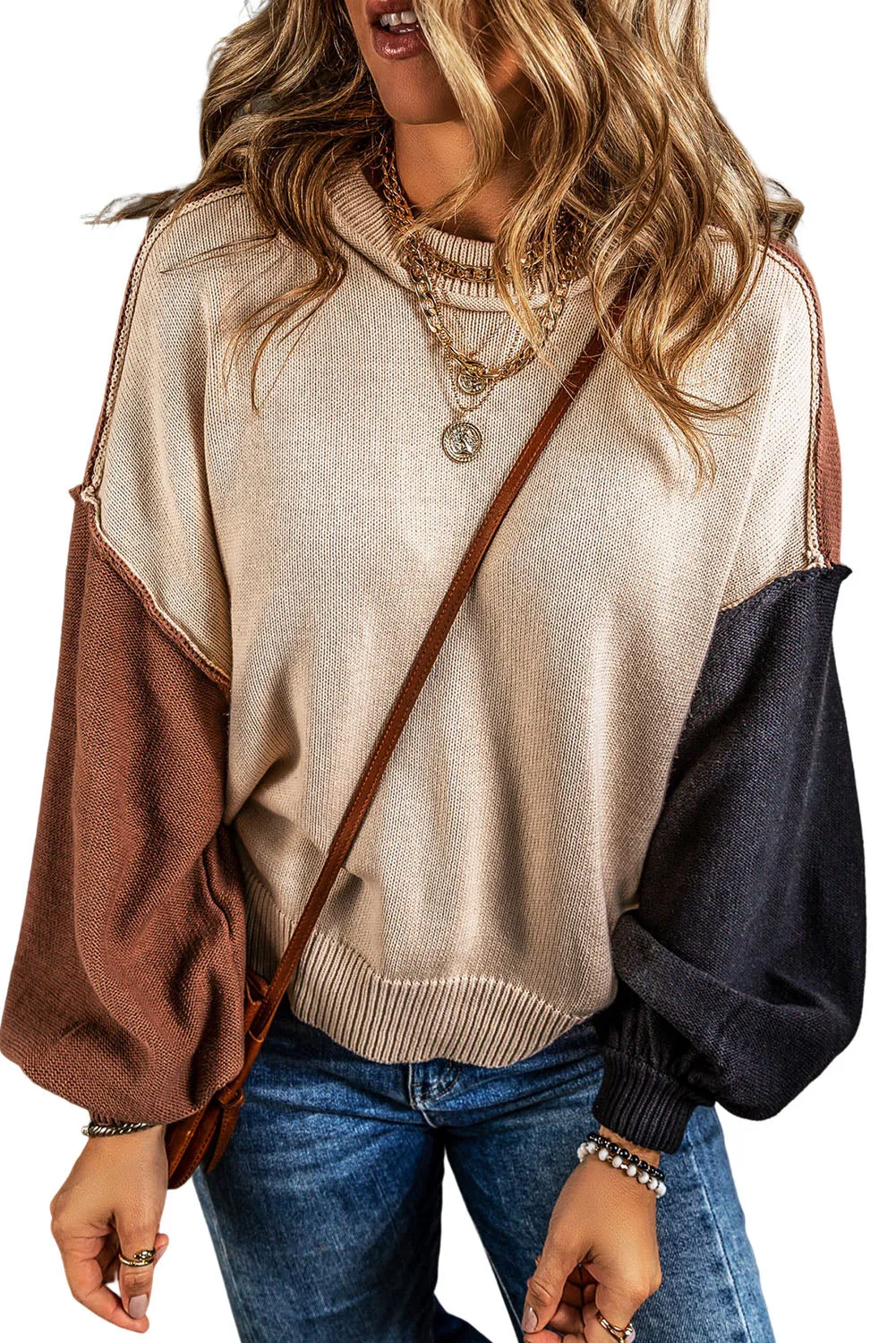 Coffee Colorblock Bishop Sleeve Ribbed Trim Sweater