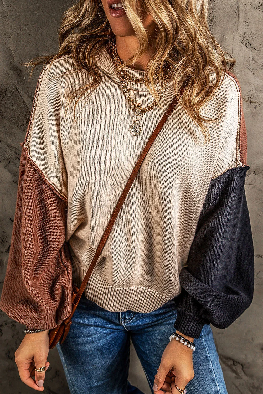 Coffee Colorblock Bishop Sleeve Ribbed Trim Sweater