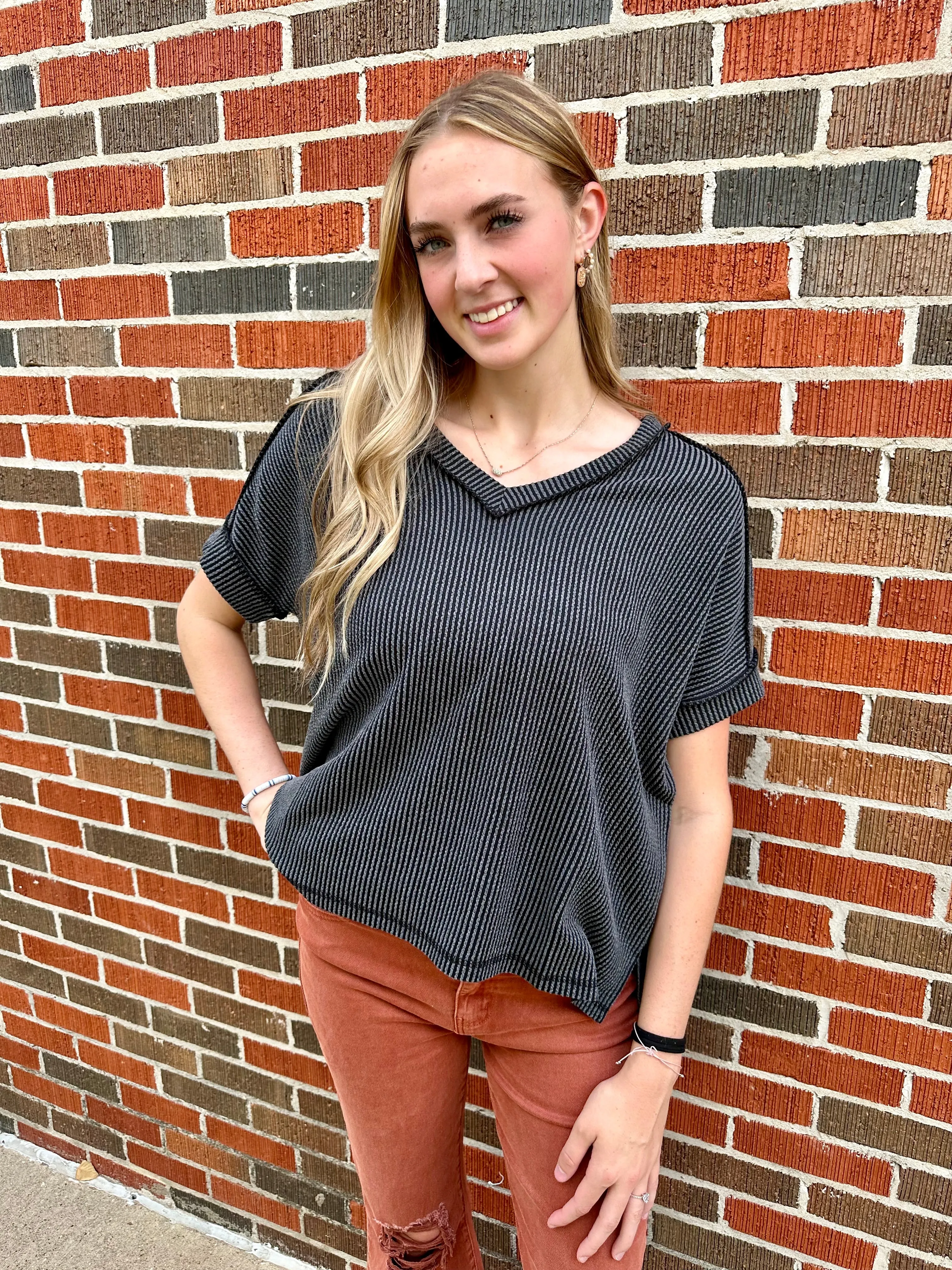Common Sense Ribbed Top: Charcoal