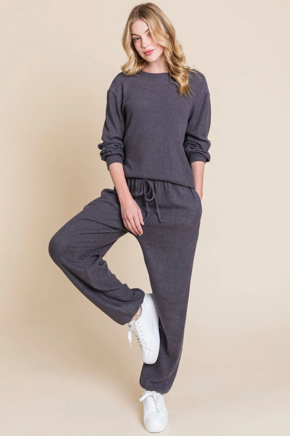 Cozy Grey Ribbed Loungewear Set