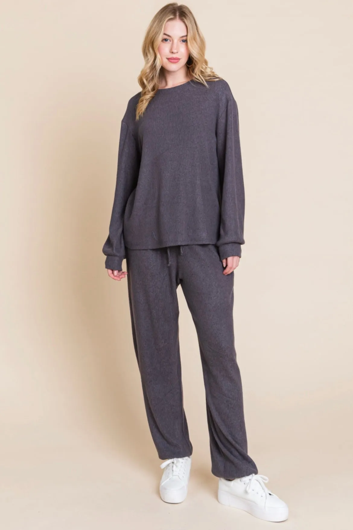 Cozy Grey Ribbed Loungewear Set