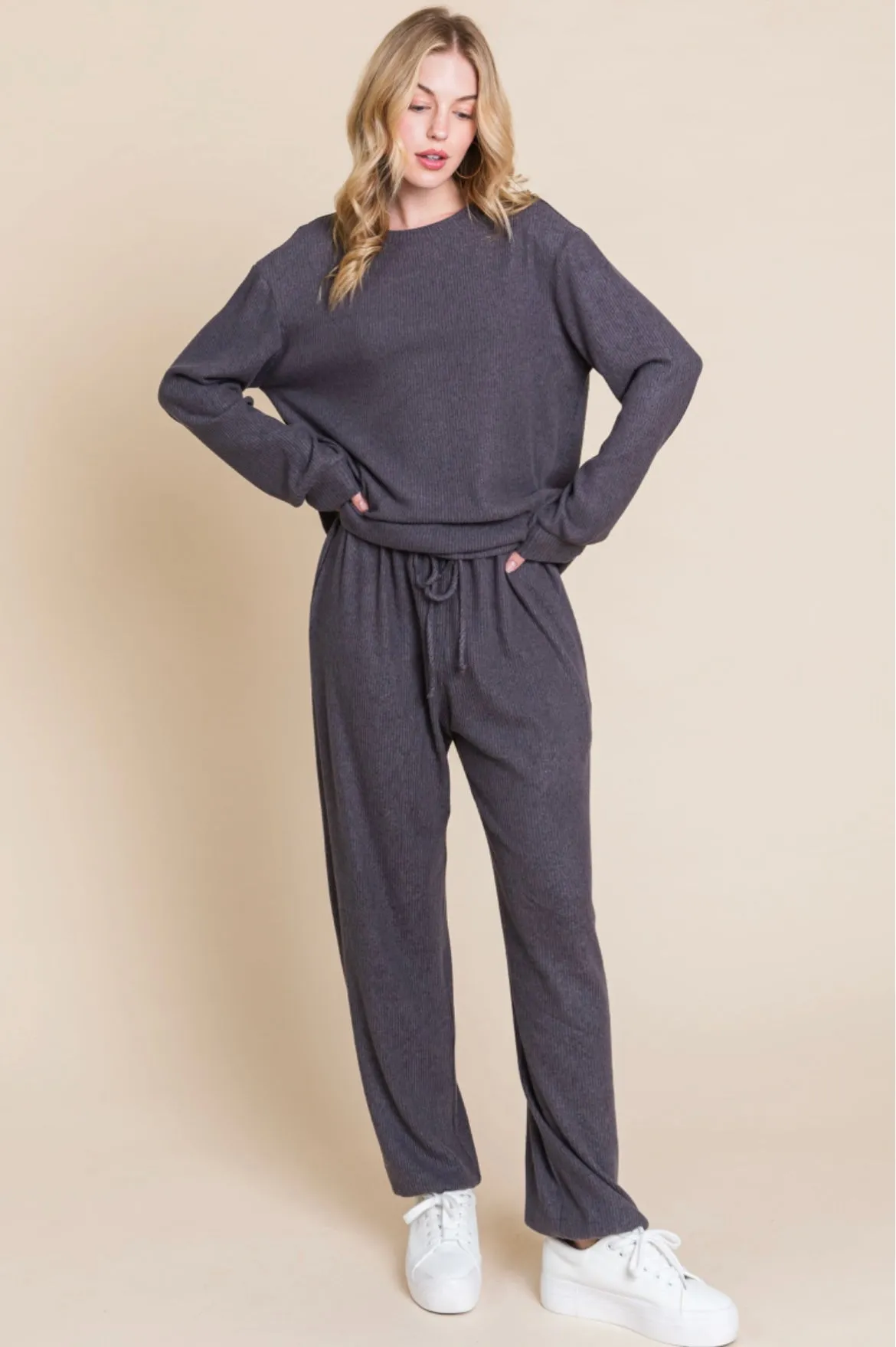 Cozy Grey Ribbed Loungewear Set
