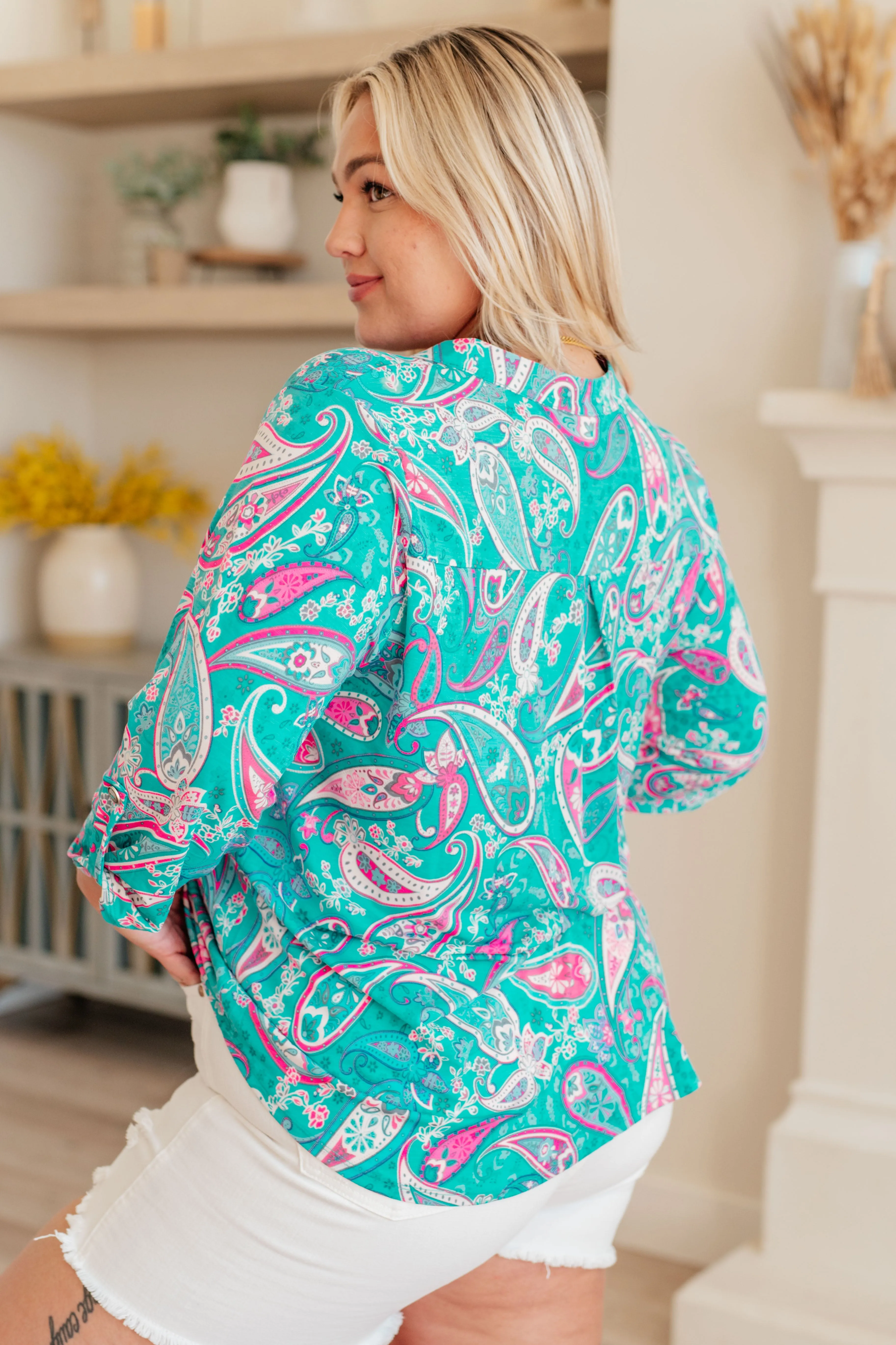 Dear Scarlett Aqua and Pink Paisley Lizzy Top