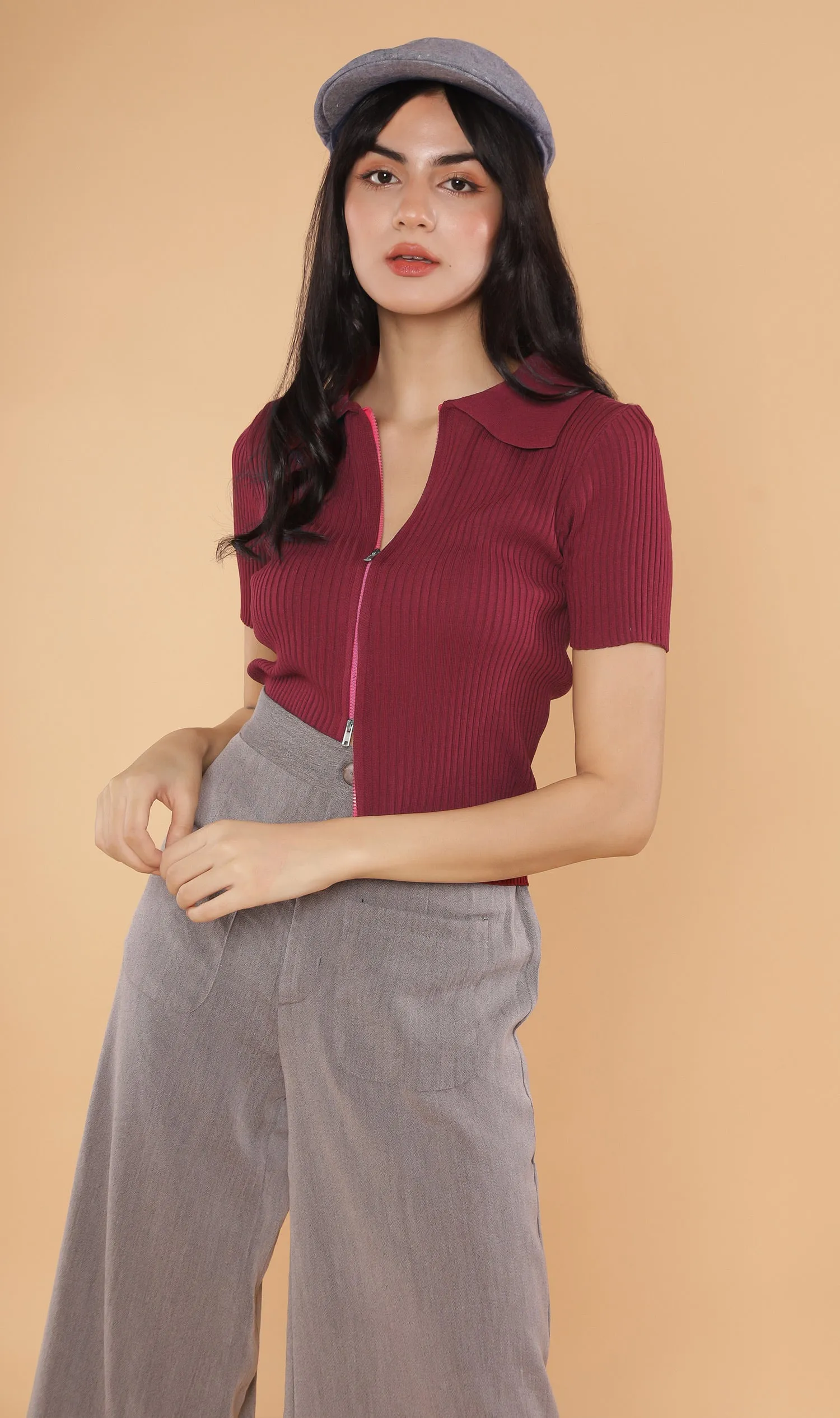 DEVYN 2-Way Zip Knit Top (Ox blood)