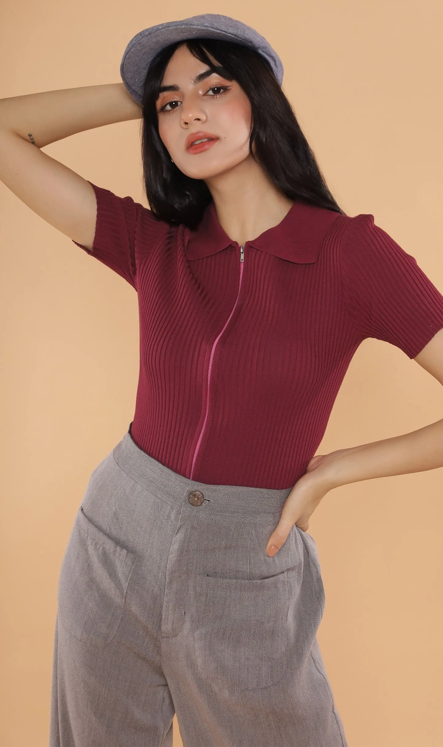 DEVYN 2-Way Zip Knit Top (Ox blood)