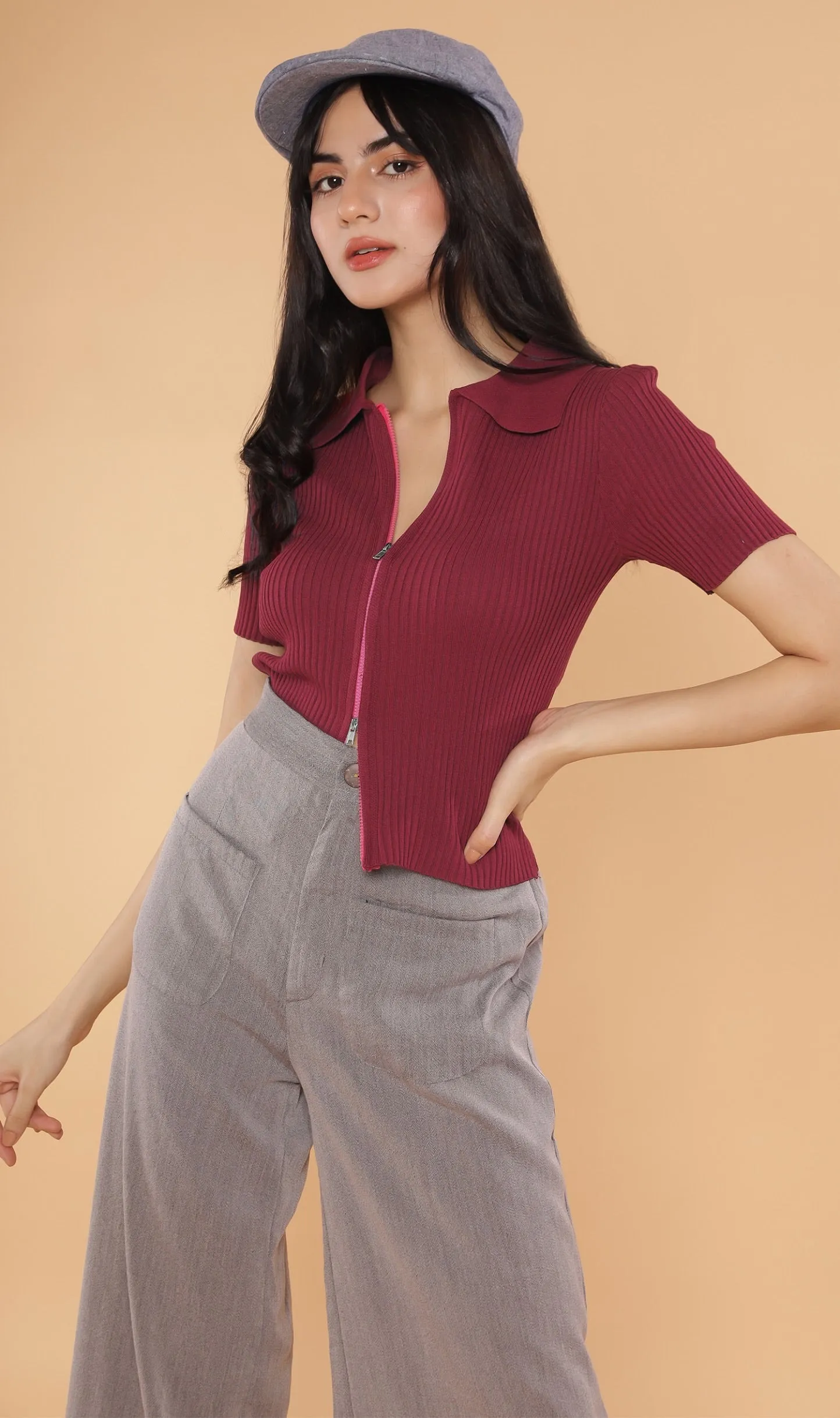 DEVYN 2-Way Zip Knit Top (Ox blood)