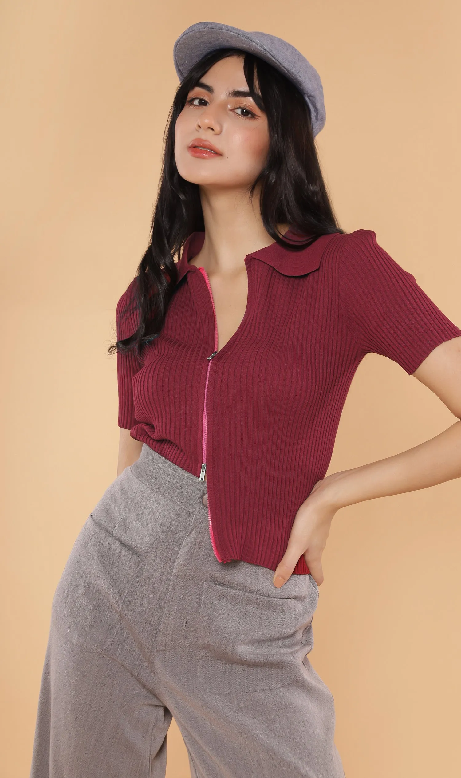 DEVYN 2-Way Zip Knit Top (Ox blood)