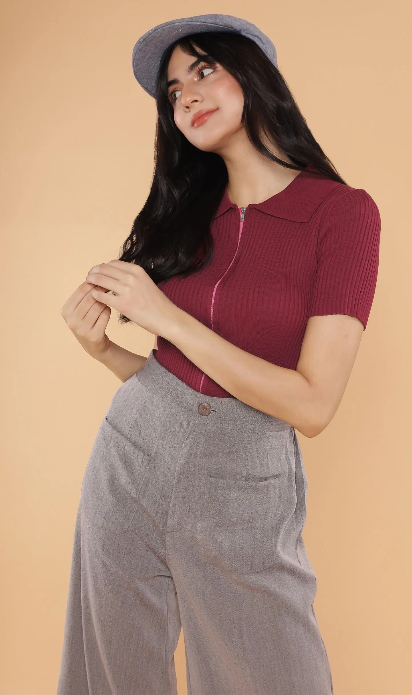 DEVYN 2-Way Zip Knit Top (Ox blood)