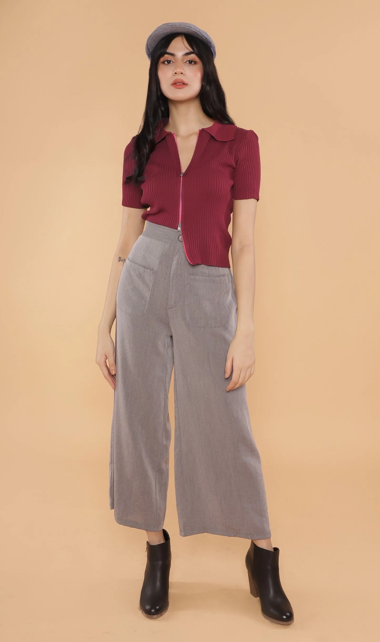 DEVYN 2-Way Zip Knit Top (Ox blood)