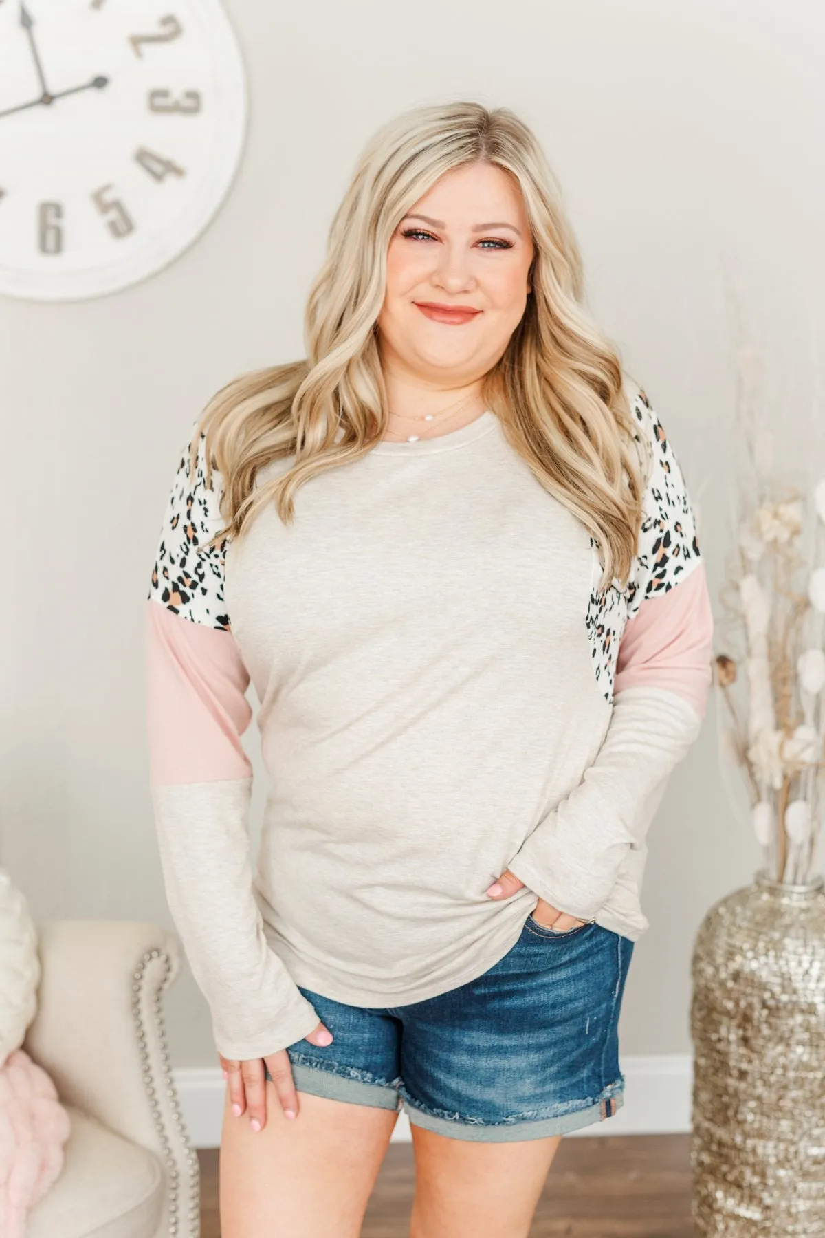 Every Moment Together Color Block Top- Oatmeal, Ivory & Pink