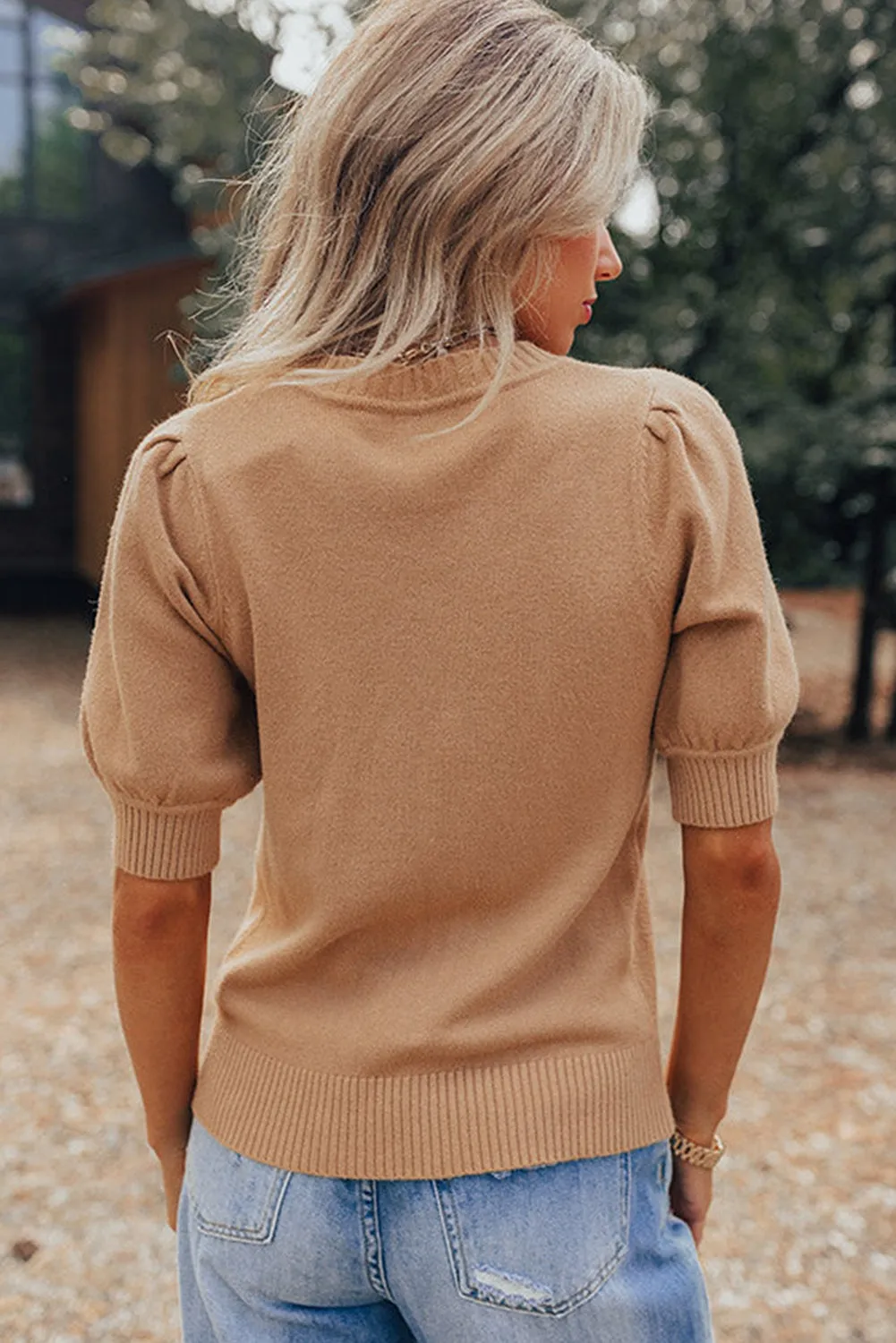 Flaxen Ribbed Trim Bubble Sleeve Round Neck Sweater
