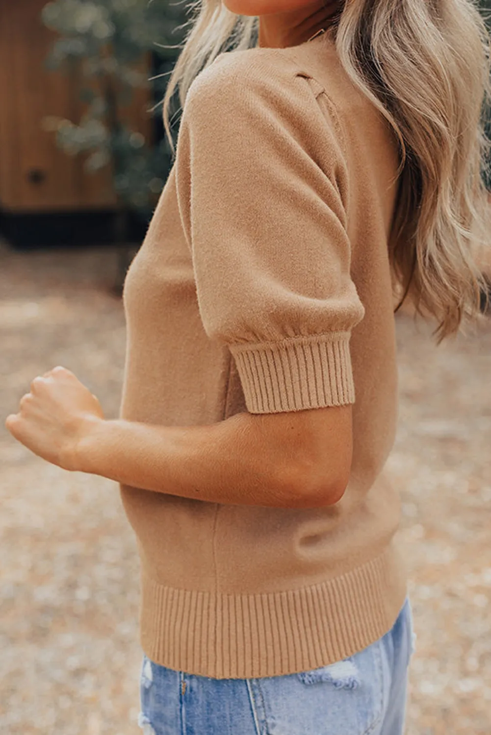 Flaxen Ribbed Trim Bubble Sleeve Round Neck Sweater