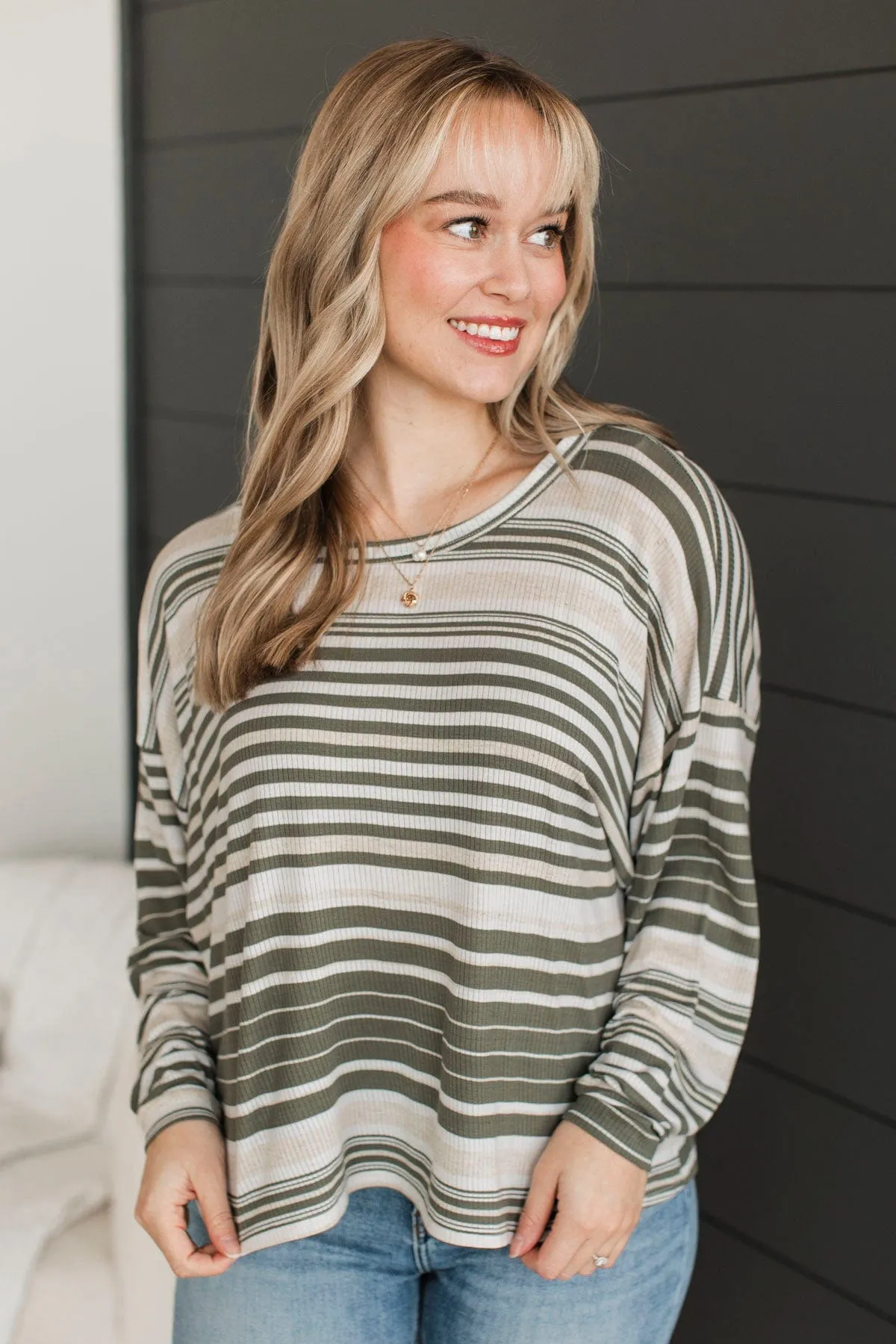 Friendly Reminders Striped Top- Green & Ivory