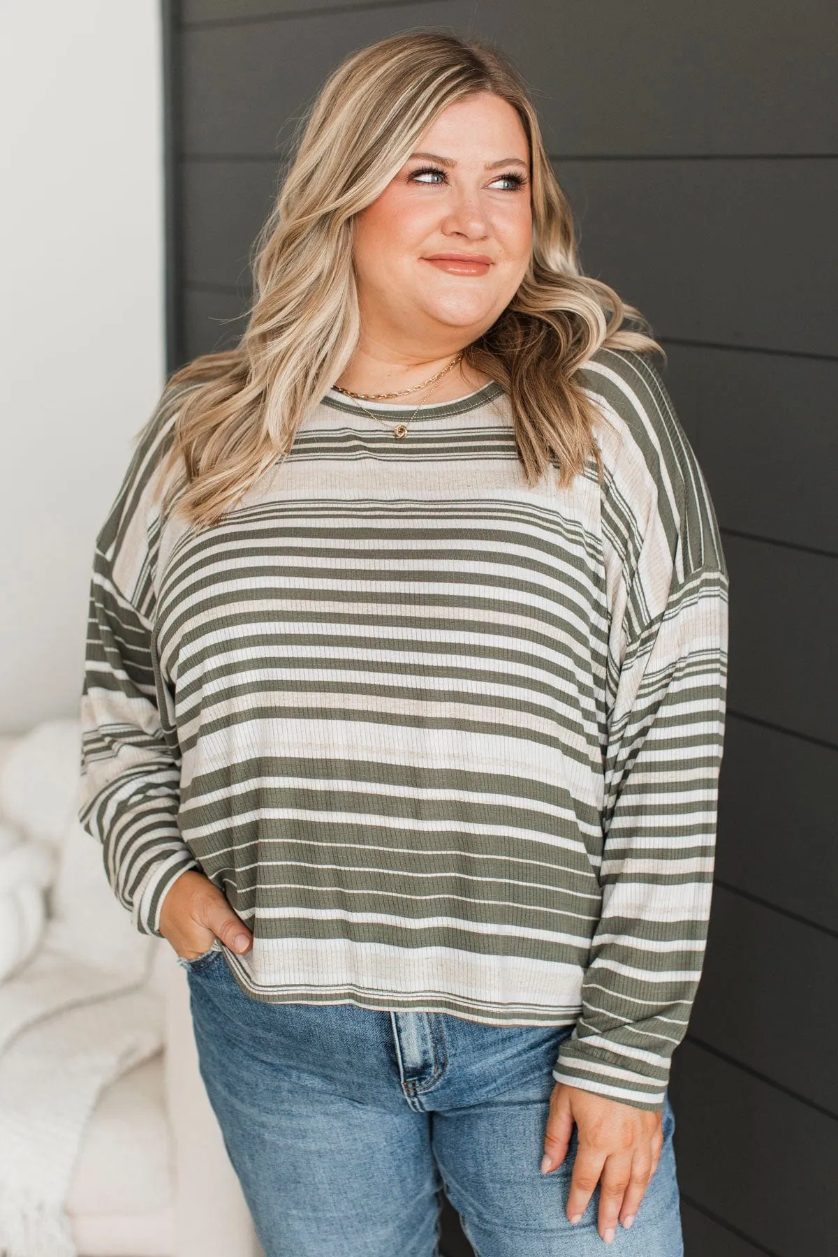 Friendly Reminders Striped Top- Green & Ivory