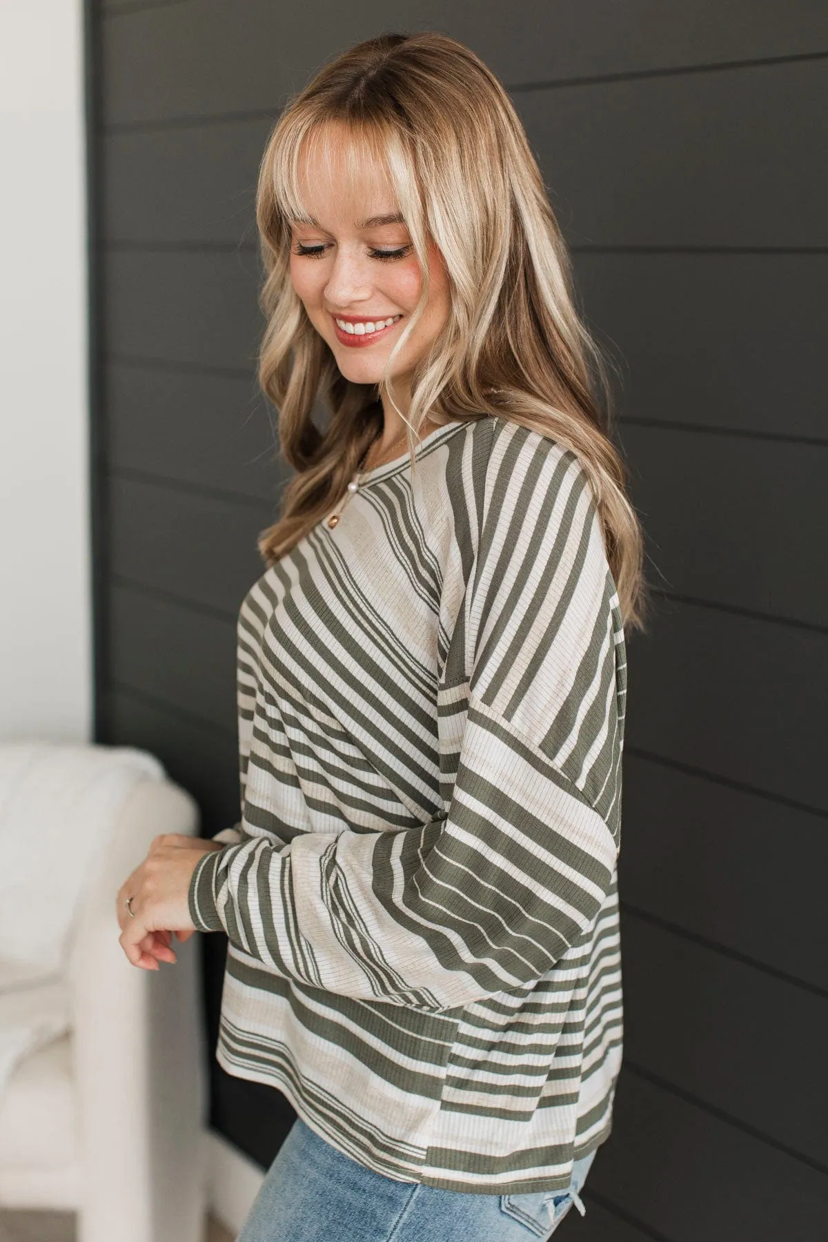 Friendly Reminders Striped Top- Green & Ivory