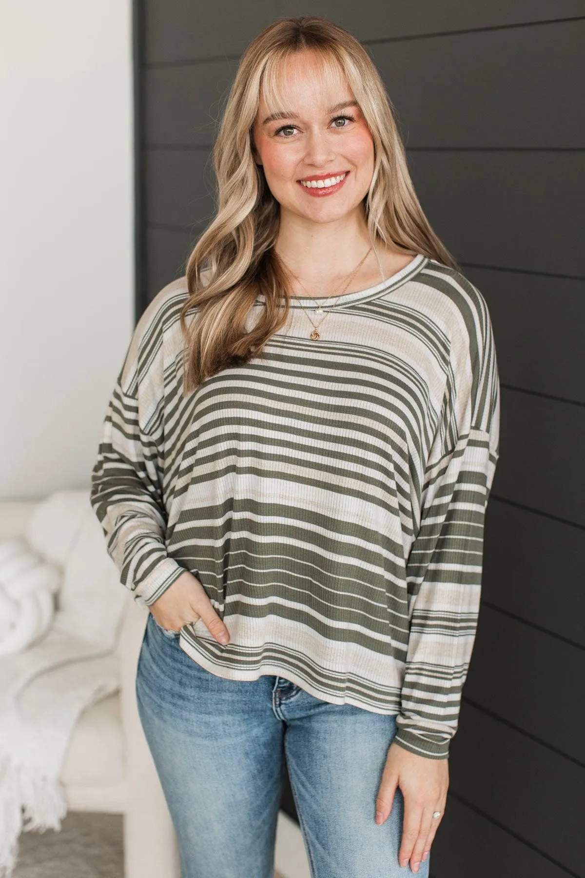 Friendly Reminders Striped Top- Green & Ivory