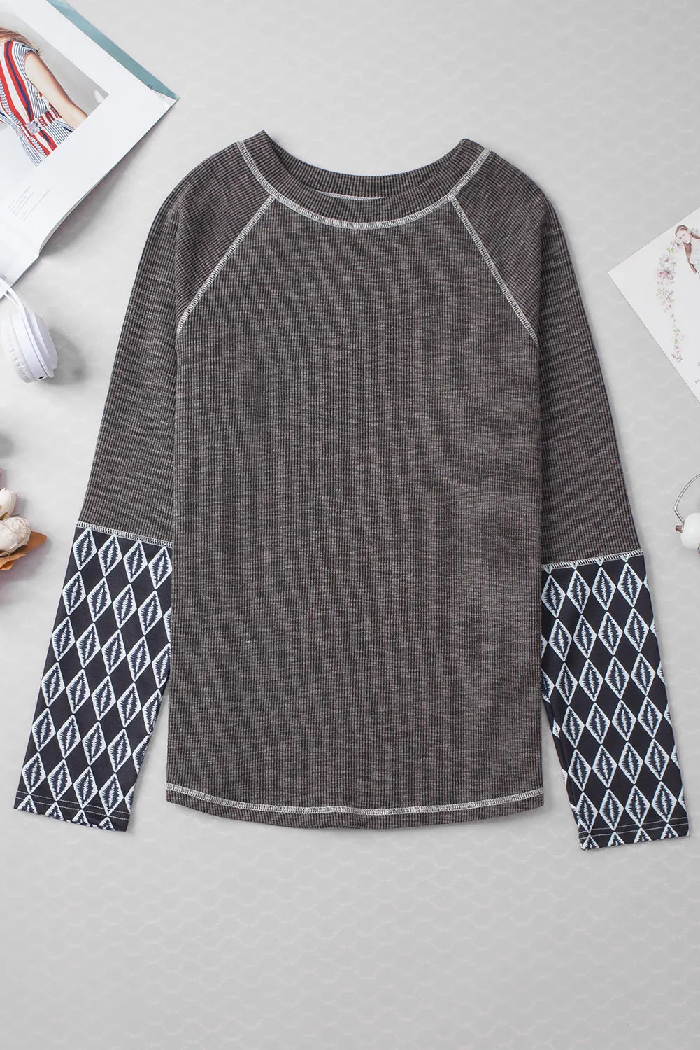 Gray Aztec Patchwork Ribbed Long Sleeve Top