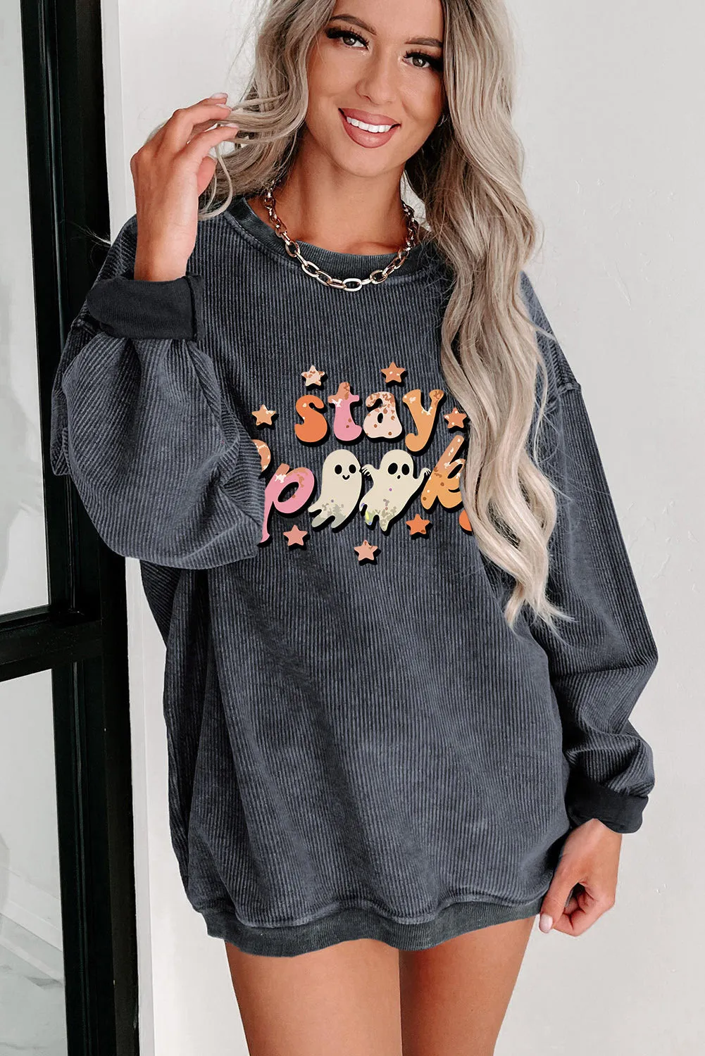 Gray Corded Stay Spooky Graphic Halloween Sweatshirt