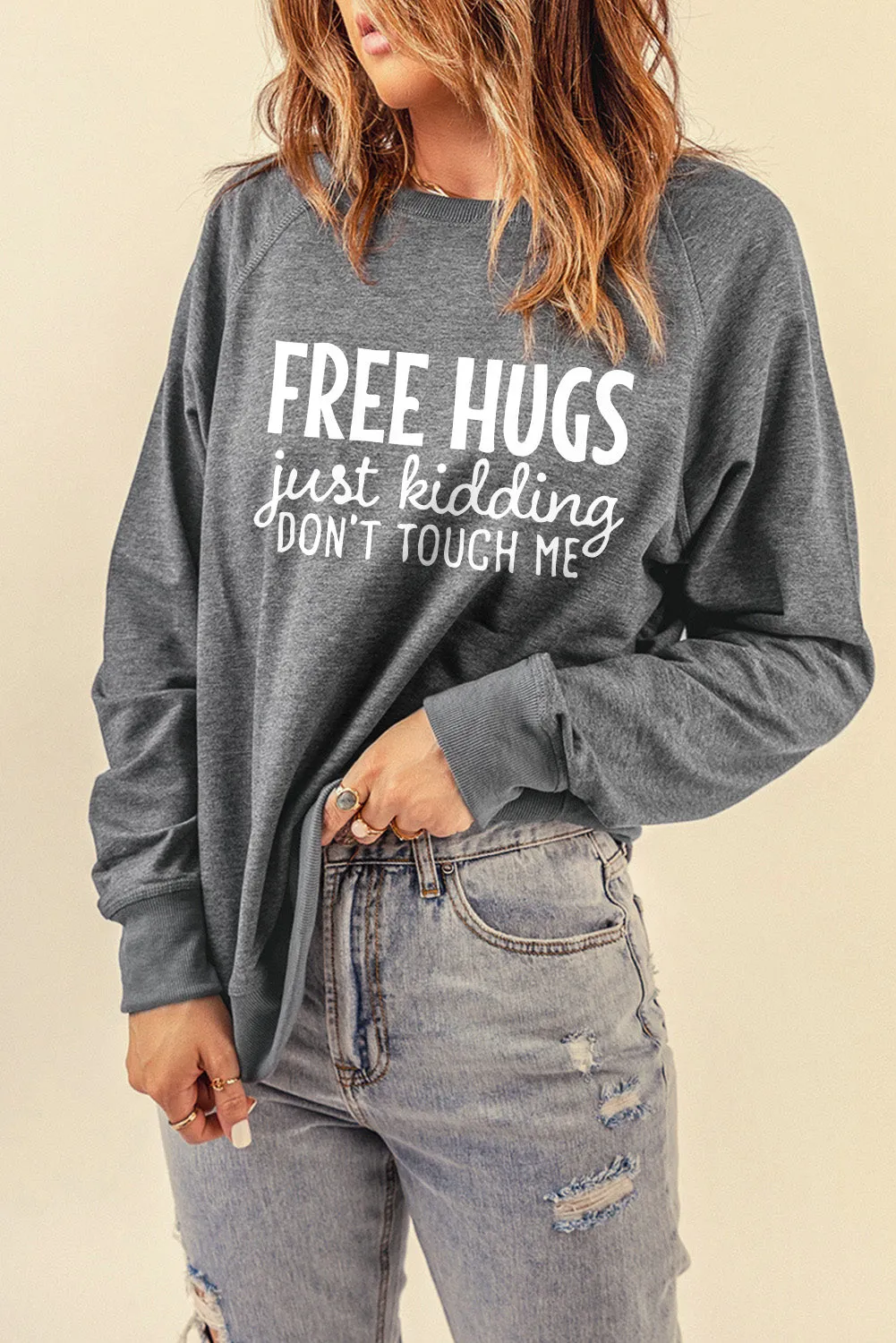 Gray FREE HUGS Letter Print Long Sleeve Sweatshirt