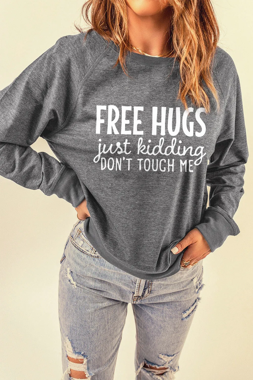 Gray FREE HUGS Letter Print Long Sleeve Sweatshirt