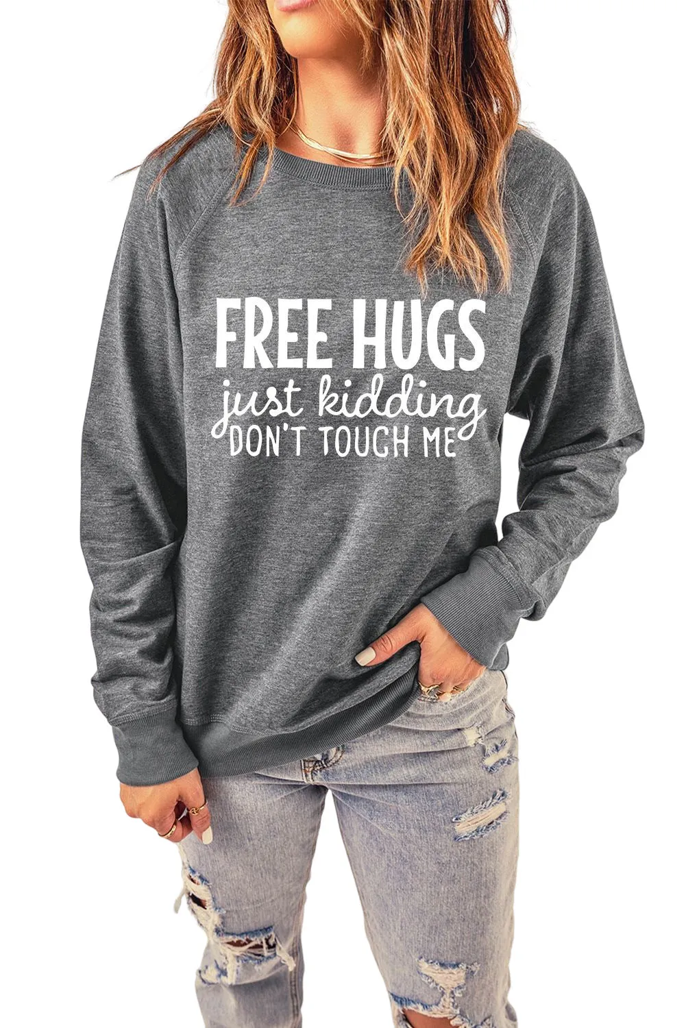 Gray FREE HUGS Letter Print Long Sleeve Sweatshirt