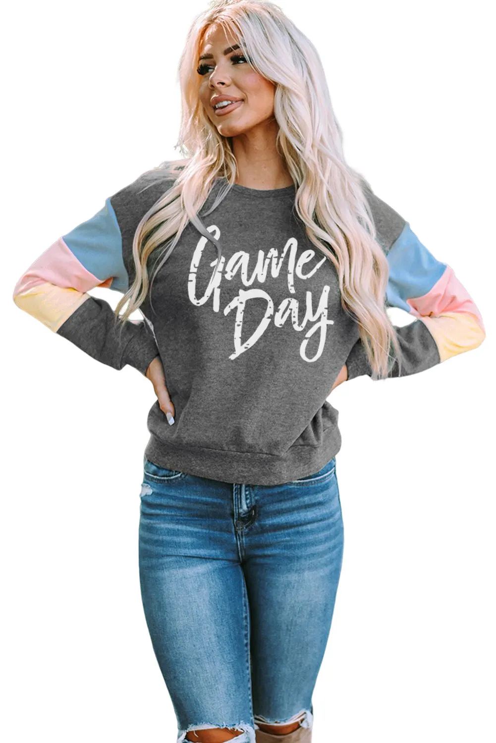 Gray Game Day Color Block Long Sleeve Sweatshirt