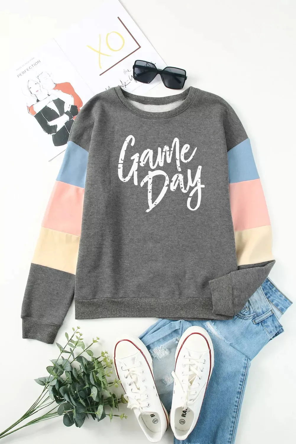 Gray Game Day Color Block Long Sleeve Sweatshirt