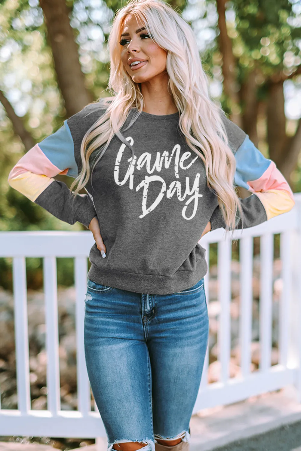 Gray Game Day Color Block Long Sleeve Sweatshirt