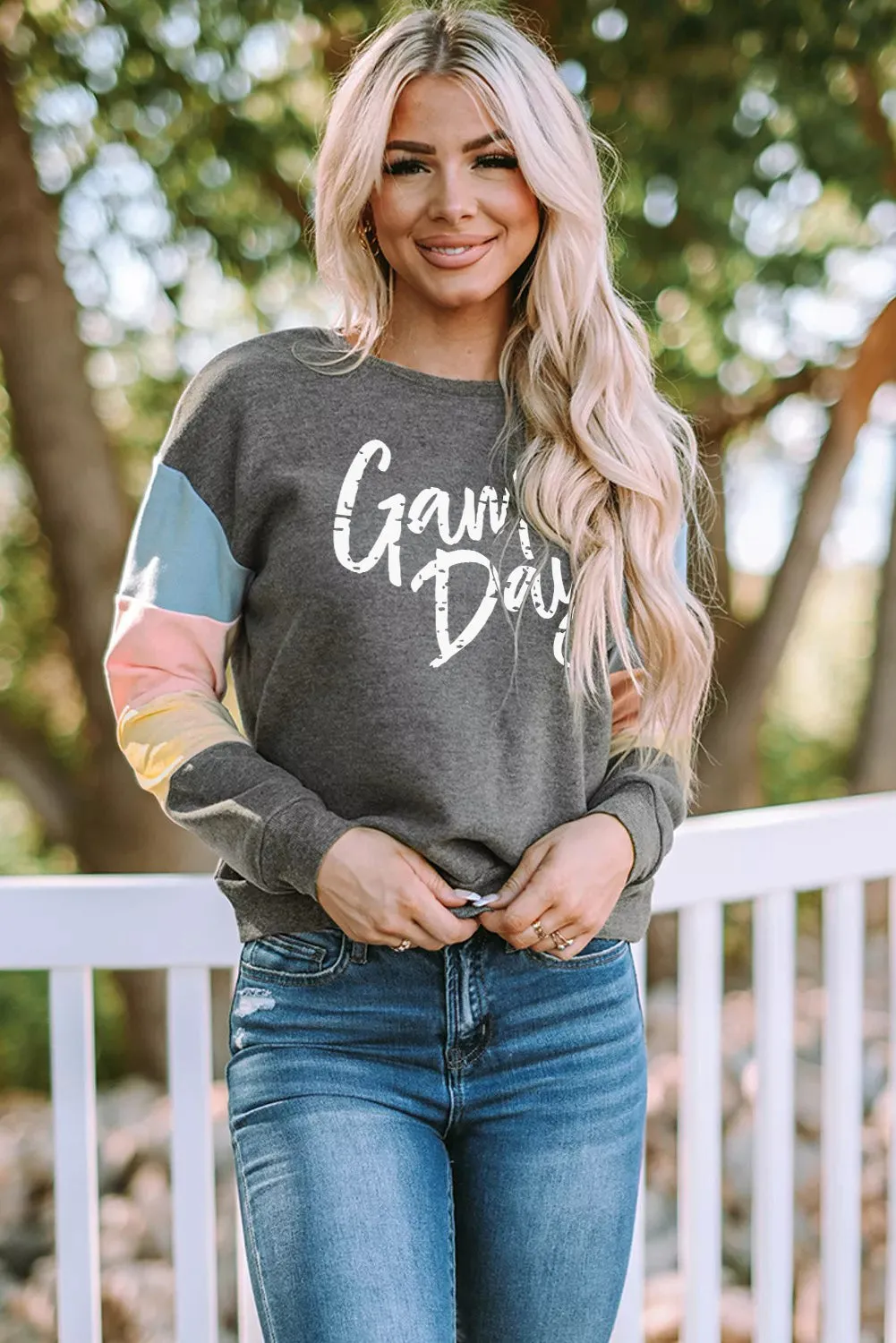 Gray Game Day Color Block Long Sleeve Sweatshirt