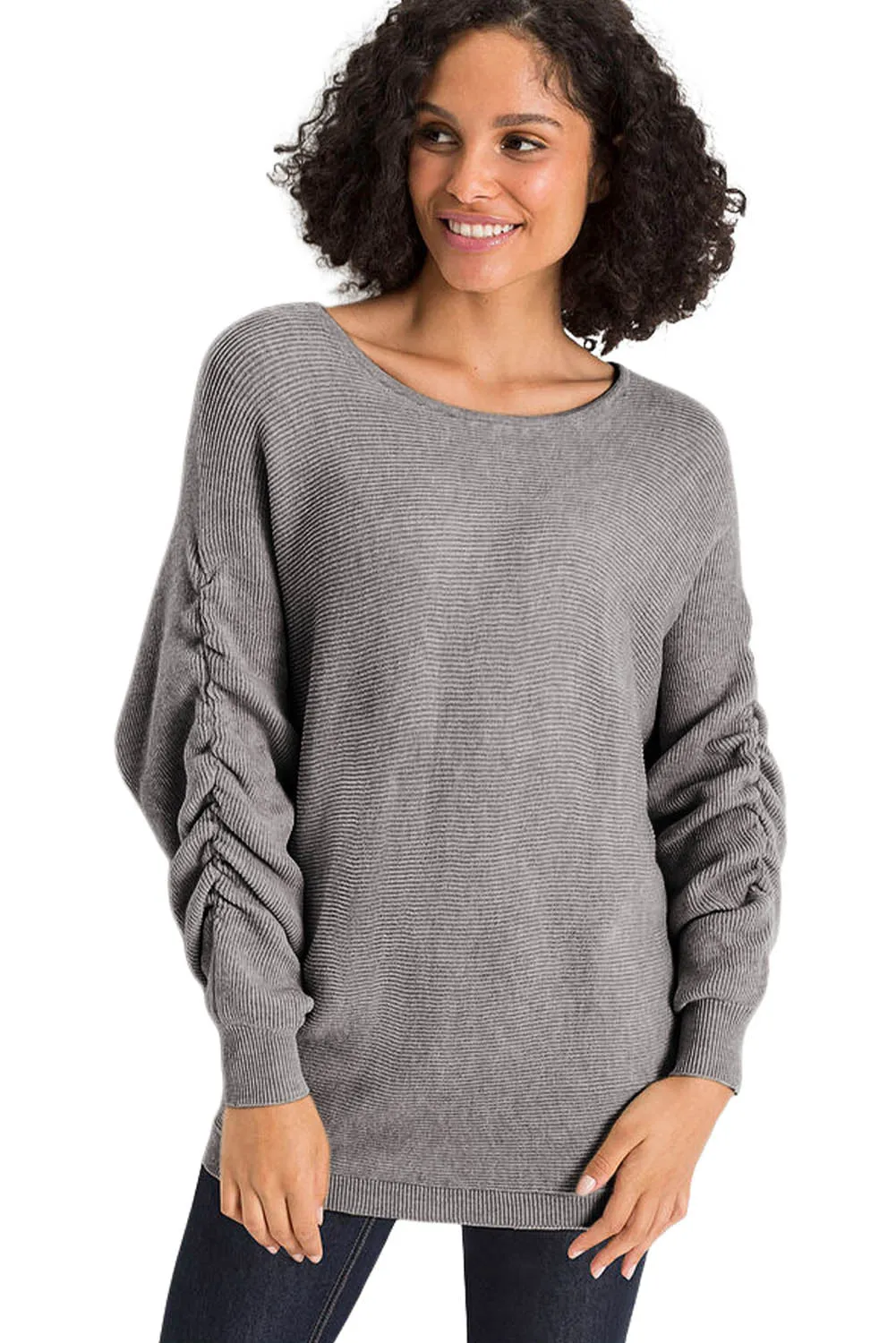 Gray Ruched Sleeves Ribbed Knit Sweater
