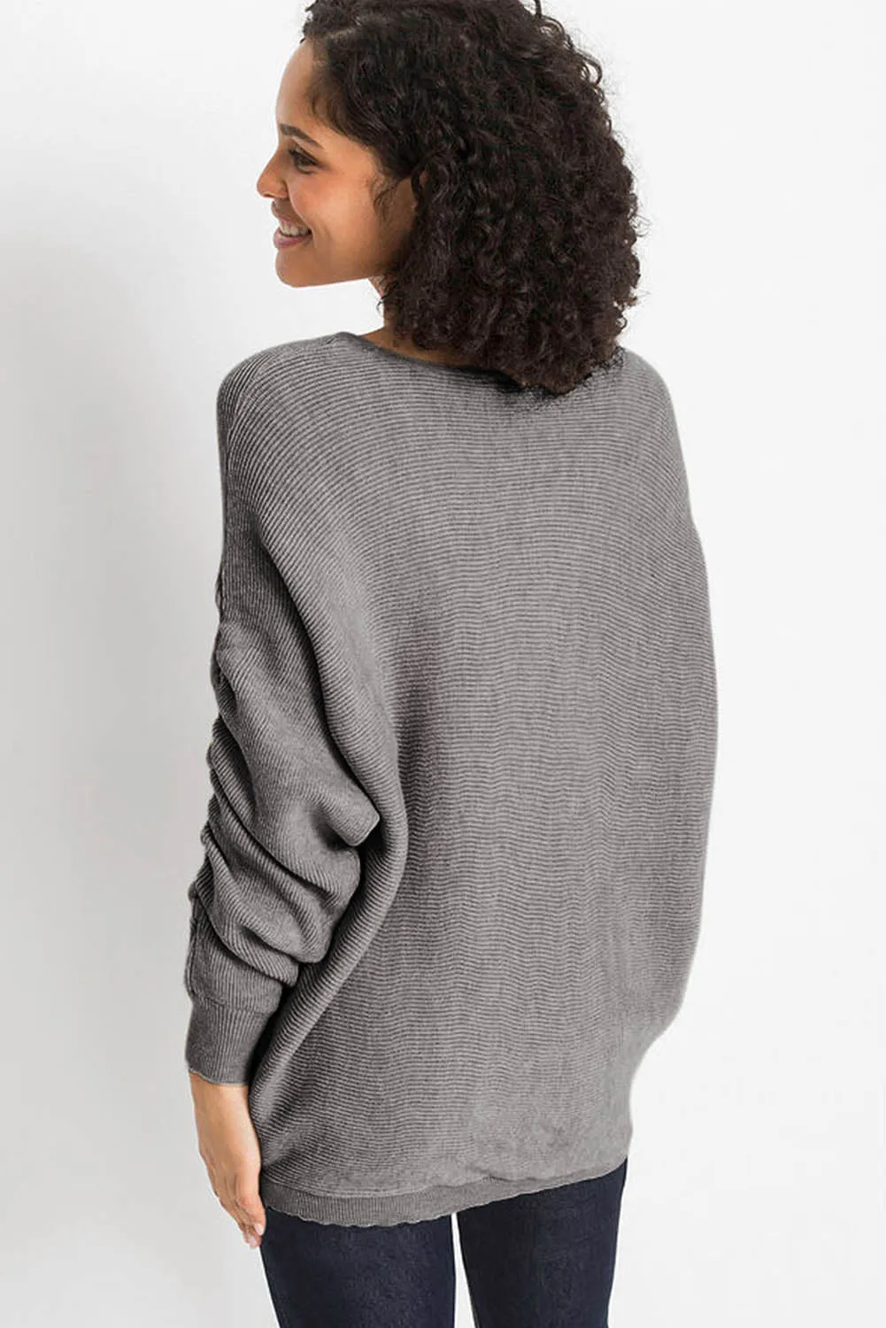 Gray Ruched Sleeves Ribbed Knit Sweater