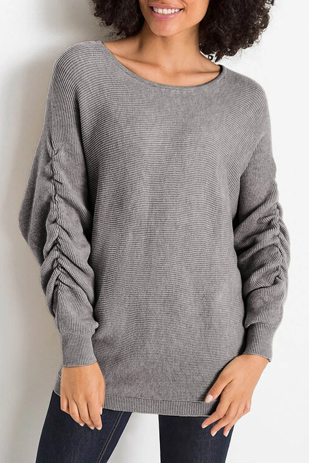 Gray Ruched Sleeves Ribbed Knit Sweater