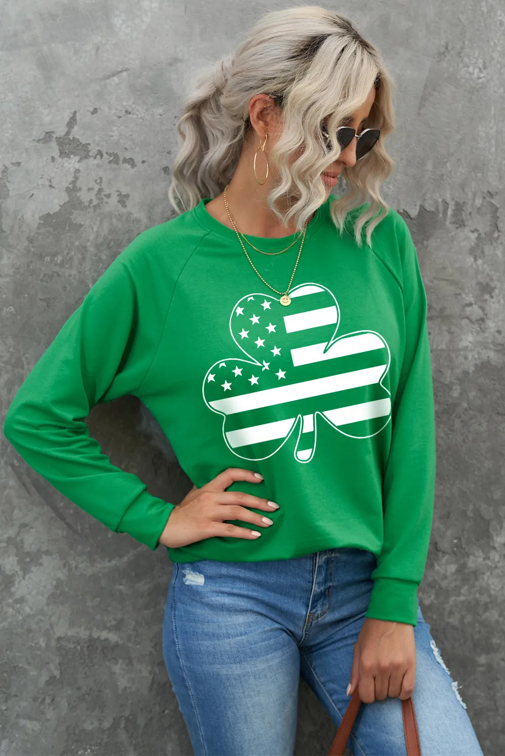 Green Raglan Sleeve Stripes Stars Clover Graphic Sweatshirt