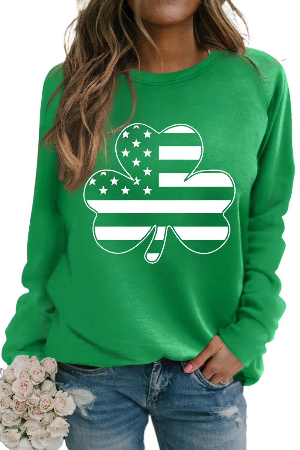 Green Raglan Sleeve Stripes Stars Clover Graphic Sweatshirt