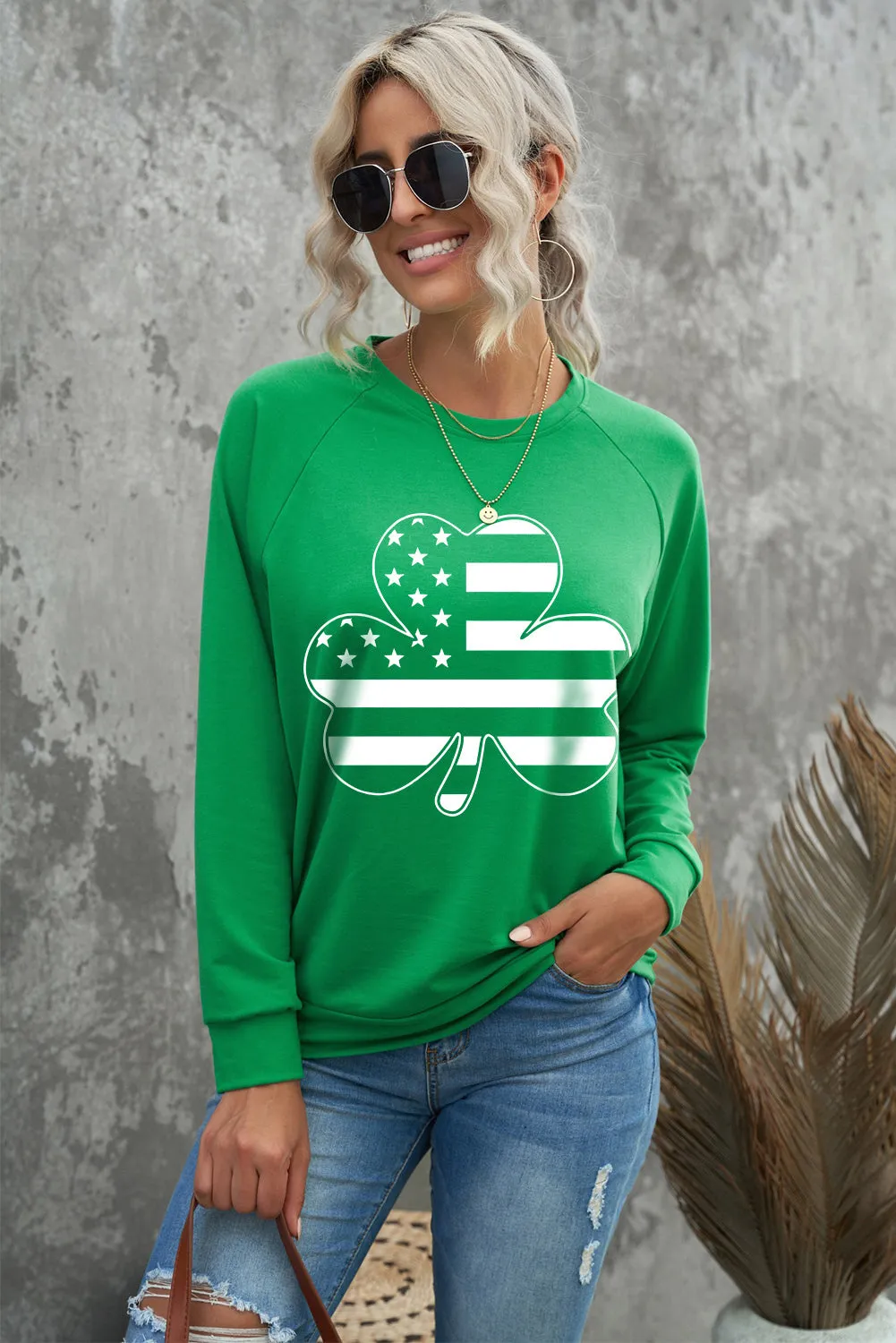 Green Raglan Sleeve Stripes Stars Clover Graphic Sweatshirt